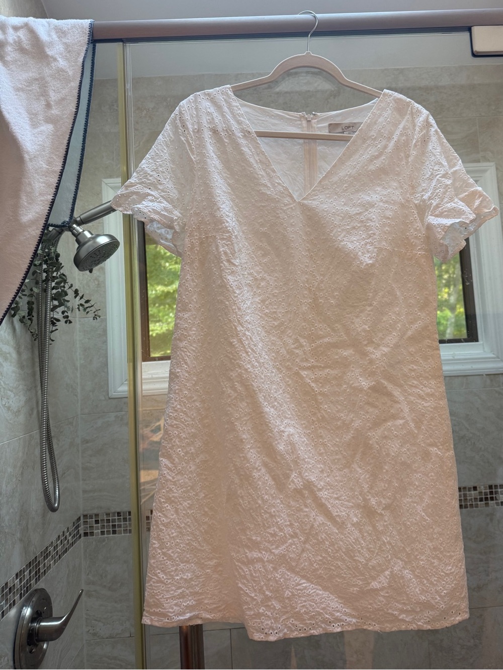 LOFT white eyelet lace dress with short sleeves and V-neckline